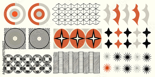 Mid century modern abstract patterns in orange black and gray tones