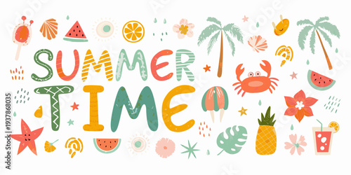 Colorful summer illustration with fruits sea creatures and playful lettering