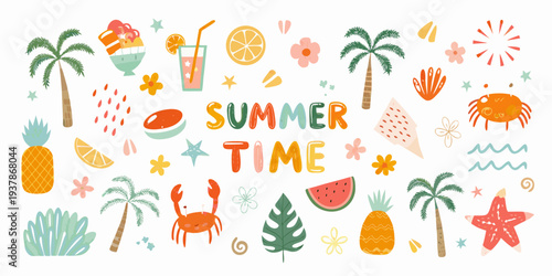 Colorful summer illustration with tropical fruits beach elements and text