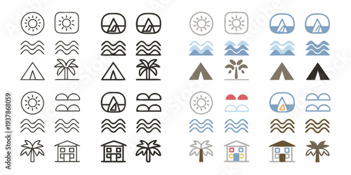 Collection of minimalist icons representing nature weather and travel