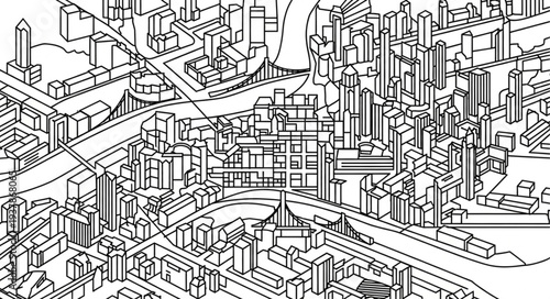 Cityscape Sketch with Skyscrapers and Roads.