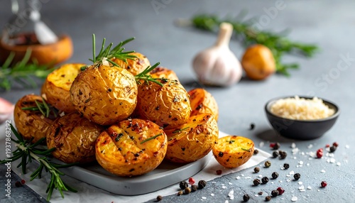 Roasted potatoes with herbs on a plate against a neutral background, with garlic and olive oil in the background