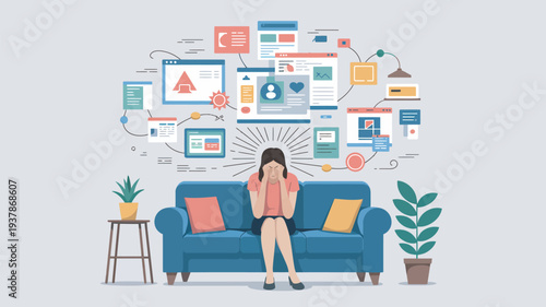 A stressed woman sits on a blue couch surrounded by various digital icons and notifications floating in the air.