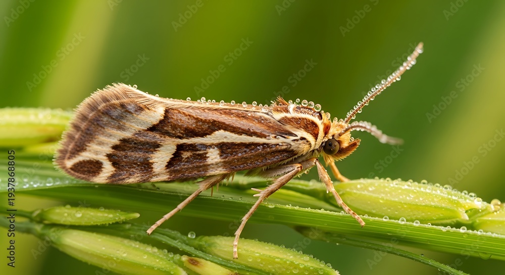 Fototapeta premium Brown Moth Perched on Green Leaf Closeup.