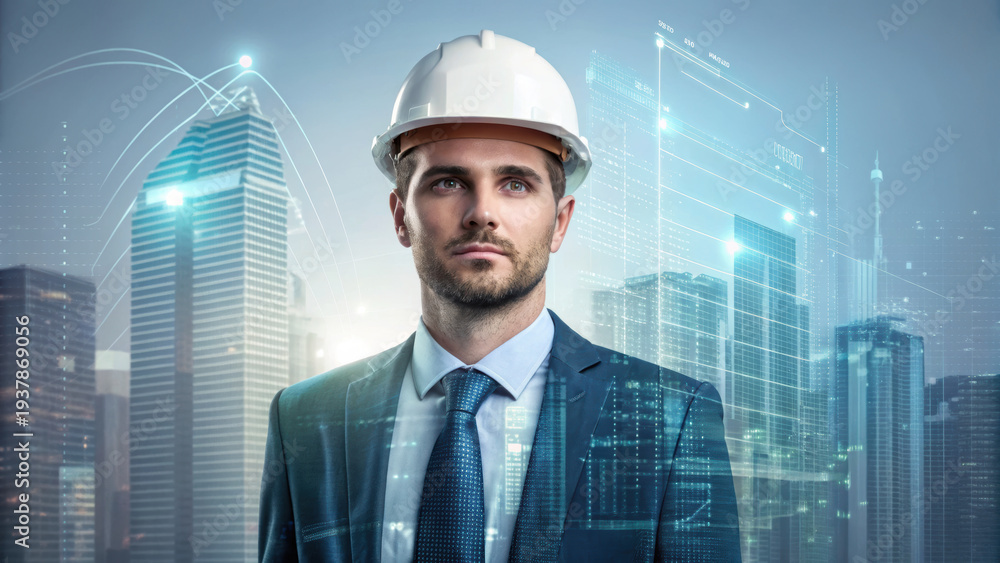 Fototapeta premium Male engineer in suit with white safety helmet standing in cityscape with digital building holograms showing futuristic technology and innovation