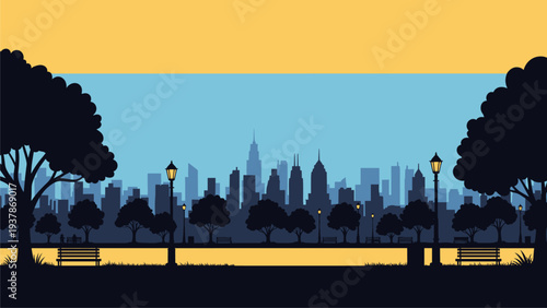 City Park Silhouette with Skyline Backdrop - Urban Nature Scene for Business & Lifestyle Projects