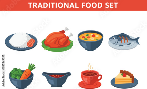 A set of eight food illustrations Dishes include rice a roasted chicken soup a fish vegetables gravy coffee and cake