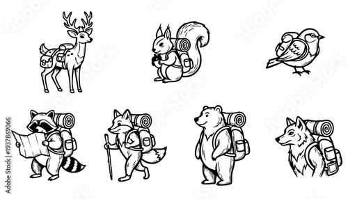 Cute Woodland Animals Hiking and Forest Adventure Icon Set