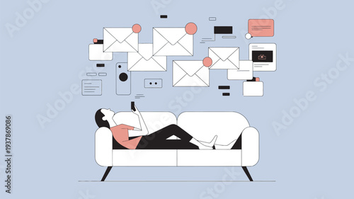 A person lying on a couch with envelopes and messages floating above their head