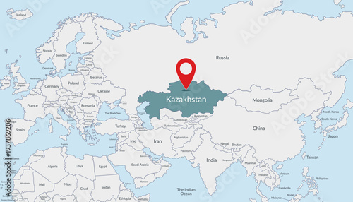 Kazakhstan location on the world map with pin location marker3. Vector flat template.