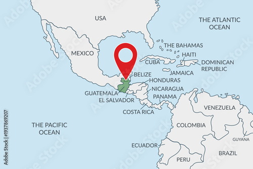 Guatemala location on the political map of America with pin location marker. Vector flat template.