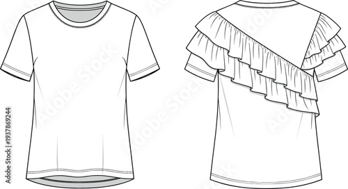 Technical fashion flat sketch of women crew neck short sleeve t-shirt with diagonal double layered ruffle detail on back view