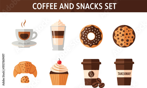 An illustration depicting a coffee and snacks set There are cups pastries and takeaway cups