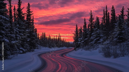 A winding road through a snowy landscape under a vibrant sunset sky filled with colors