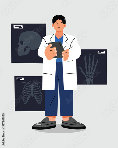 Full-body doctor with X-ray data and a tablet