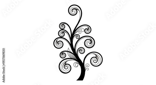 Elegant black and white illustration of a stylized plant with intricate swirling details.