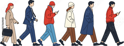 Diverse Group of People Walking in a Row Illustration Featuring Men and Women in Casual and Professional Outfits for Urban Life