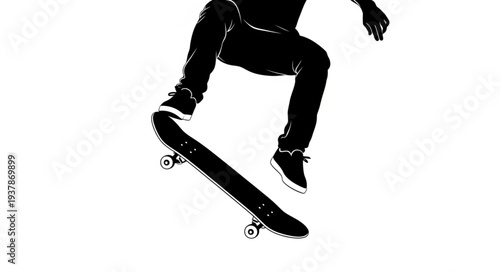 Silhouette of a skateboarder performing an aerial trick against a white background.