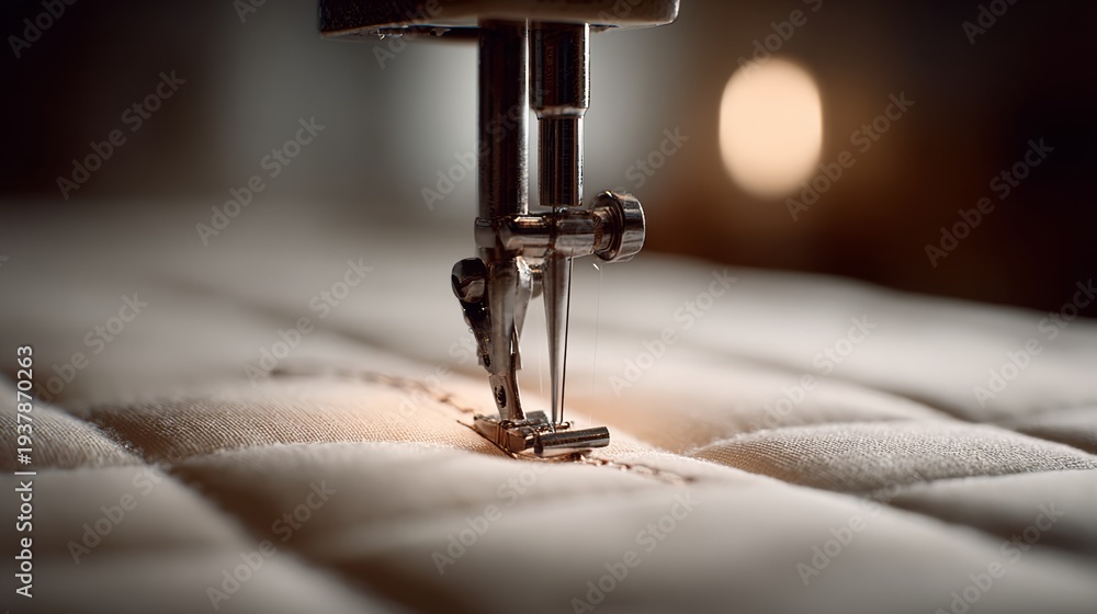 Naklejka premium Close-up of sewing machine needle stitching through quilted fabric, showcasing intricate details of the sewing process and soft texture of the material