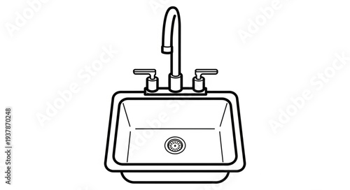 Detailed illustration of a stainless steel kitchen sink with faucet and handles.