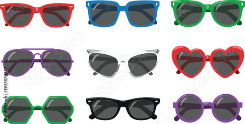 Fashion Sunglasses and Eyewear Icon Set with Colorful Frames, Heart Shapes, Aviators, and Trendy Summer Sun Protection Accessories