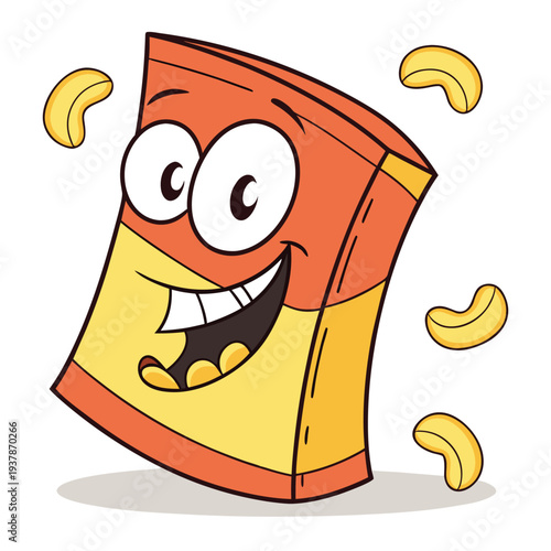 Vector illustration of Smiling Cashew Nut Box Mascot Character with Roasted Nuts Flying