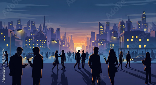 Silhouetted figures walking in a city at dusk with buildings in the background.
