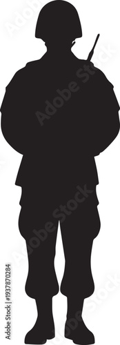 Full length soldier vector silhouette illustration standing guard in military uniform art