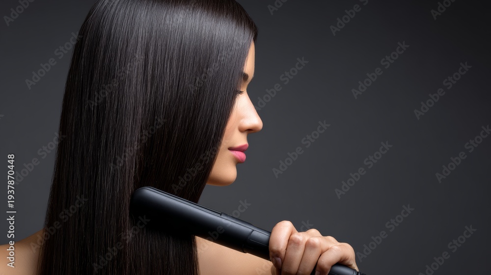 Obraz premium Female model with long, straight hair using a hair straightener in a studio setting, showcasing sleek hair styling techniques and beauty care products