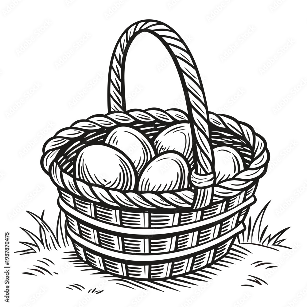 Fototapeta premium Vector illustration of Vintage woodcut illustration of a wicker basket filled with fresh farm eggs on grass