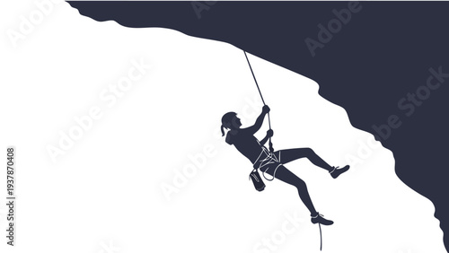 Vector illustration of Silhouette of a female rock climber ascending a mountain cliff overhang with rope