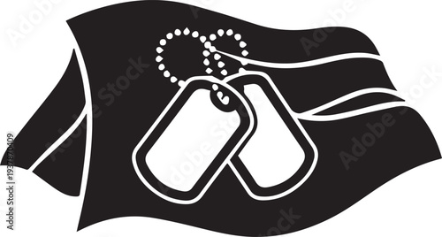 Military dog tags vector silhouette line art illustration on a waving flag background