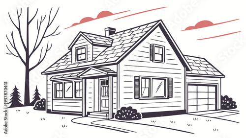Vector illustration of Minimalist line art illustration of a suburban house with a garage and garden