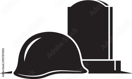 Military helmet and headstone silhouette vector illustration memorial day concept line art