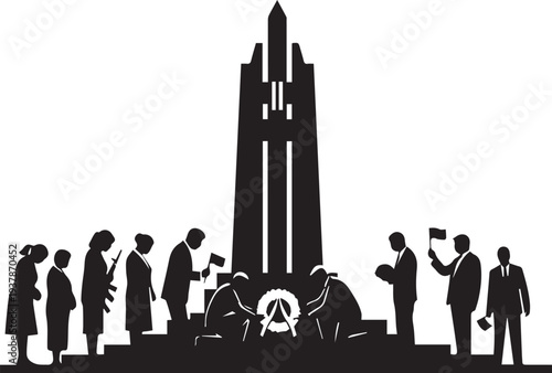 memorial day vector silhouette illustration line art with people gathering around monument