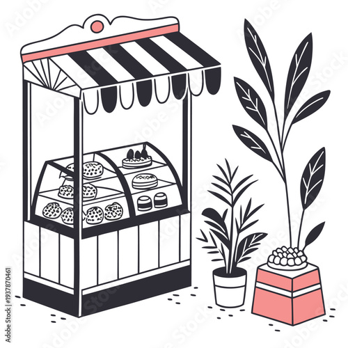 Vector illustration of Stylish modern illustration of a bakery stand with cakes and decorative potted plants