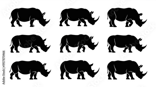 A collection of black rhinoceros silhouettes