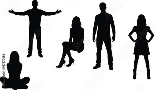 Black silhouettes of diverse men and women in various poses including standing with open arms sitting cross legged and confident gestures on white background