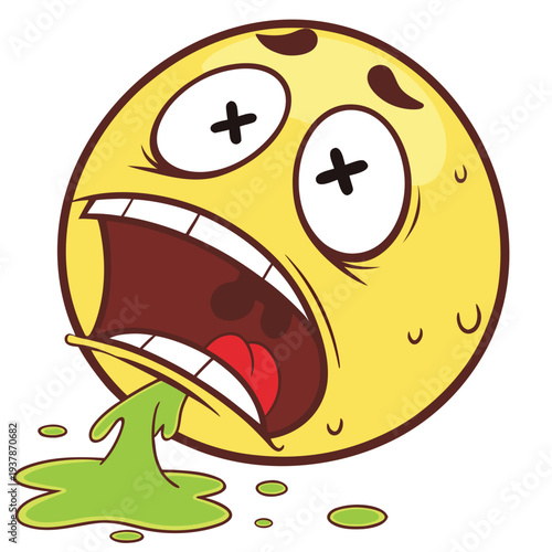 Vector illustration of Sick Vomiting Yellow Emoji Character Illustration with Green Slime and Cross Eyes