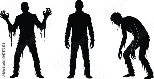 Creepy Zombie Silhouette Collection, Scary Undead Man Standing and Crouching Poses, Horror Halloween Monster Characters Isolated on White Background Vector Illustration
