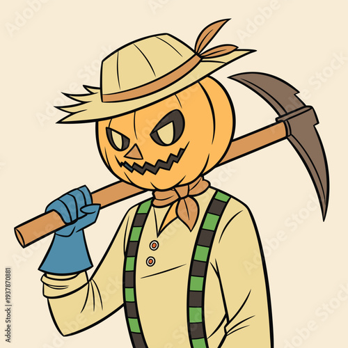 Vector illustration of Cartoon Halloween pumpkin man farmer character holding a pickaxe and wearing a straw hat and suspenders
