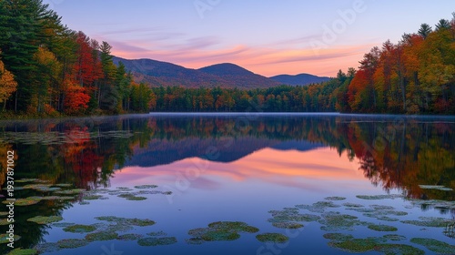Tranquil lake reflecting vibrant autumn foliage and distant mountains under a colorful sky