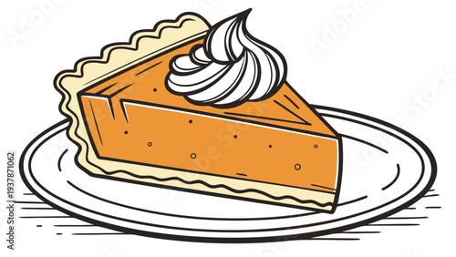 Vector illustration of Sweet Slice of Pumpkin Pie with Whipped Cream Topping on a Plate, Delicious Dessert Illustration