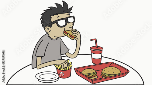 Vector illustration of Young Man Enjoying Fast Food Meal with Hamburger, French Fries, and Soda Drink at a Restaurant