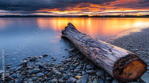 A serene sunset illuminating a calm lake with a log resting on a stony shore
