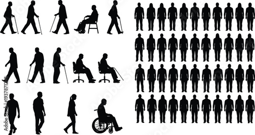 Large Silhouette Collection of People and Senior Citizens Including Men with Walking Canes Individuals in Wheelchairs and Groups Standing for Social Diversity Design