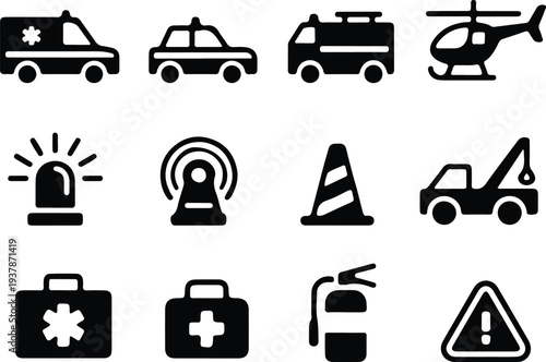 diverse emergency safety alert symbol black icons set vector illustration 