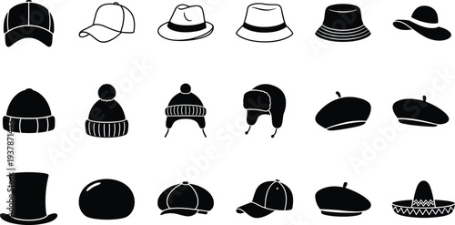 Comprehensive Collection of Minimalist Hat Vector Icons Featuring Diverse Headwear Styles Including Baseball Caps Beanies Berets Fedoras Sun Hats and Winter Ear Flap Ushanka Gear