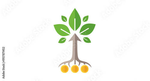 Tree with green leaves and roots.