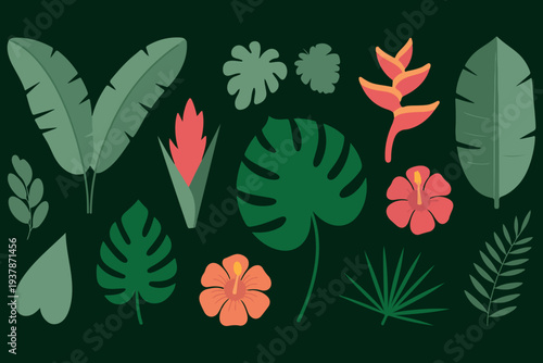 Tropical Leaves and Flowers Flat Vector Set on Dark Green Background. Exotic Tropical Plant and Flower Vector Elements Collection. 